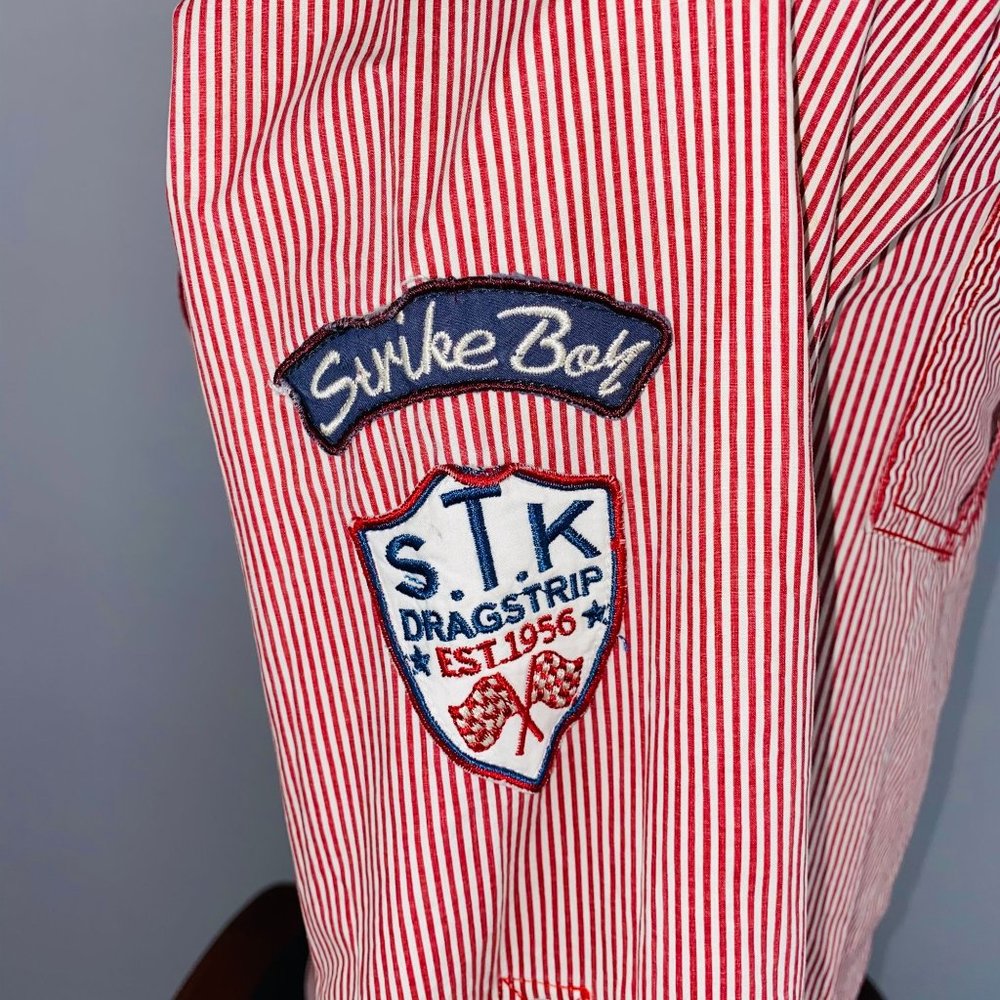 Strike Button Down Dragster Casual Dress Shirt Red Embroidery Patches - Picture 8 of 9